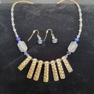 Beautiful Blue & White Bead with Copper Necklace and Earring Set